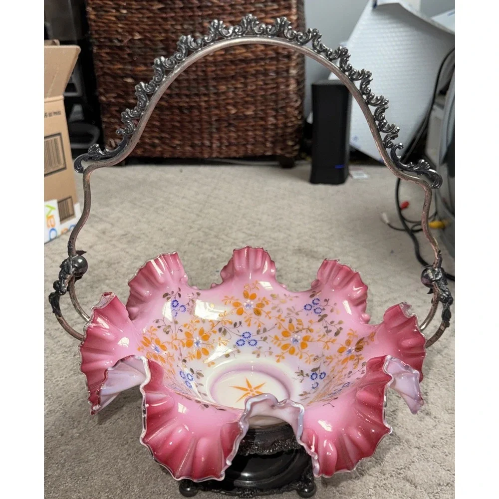 Victorian Pink Cranberry Bride's Basket | E.G Webster Quadruple Silverplate 1880